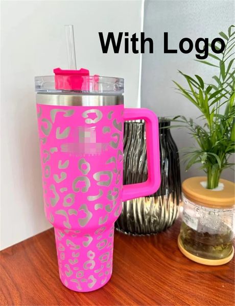 Nuevas botellas de agua reutilizables con estampado de leopardo de 40 oz con mango de logotipo y taza de viaje con aislamiento de acero inoxidable con pajita Vasos con aislamiento Mantenga las bebidas frías ss0311