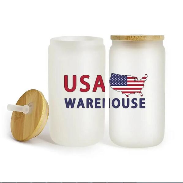 Botellas de agua de almacén de EE. UU. De 16 oz Vasos de latas de sublimación en blanco de bricolaje Vasos de vidrio con forma de cerveza con tapa de bambú y pajita para café helado Soda CAN STOCK