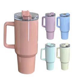 Nuevos vasos de sublimación de macarrones de 40 oz con asa, tazas de viaje de doble pared de acero inoxidable, vaso de superficie lisa con potencia de sublimación