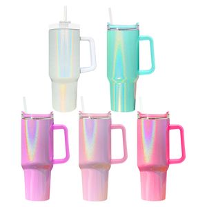 Gobelet à paillettes sublimation 40 oz avec poignée couvercle paille grande capacité bouteille d'eau brillante brillante tasse de camping en plein air tasses de voyage isolées sous vide en acier inoxydable