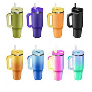 Nouveau gobelet en acier inoxydable de 40 oz avec poignée couvercle paille rugueuse paillettes UV dégradé couleurs grande capacité bouteille d'eau camping en plein air tasse tasses de voyage isolées sous vide