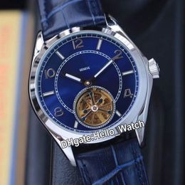 Nuevo 41 mm Fifysix 6000E 000R-B488 Tourbillon automático Reloj para hombre 6000E Esfera azul Caja de acero Correa de cuero azul Relojes para caballero Hello293y