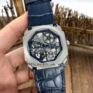 Nieuwe 41 mm Octo Finissimo Titanium Case 102941 102714 Automatische heren Watch Skelet -wijzerplaat Blue Leather Riem 102941 Heren Sportw292C