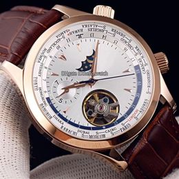 Nieuwe 42 mm Master Control World Geographic Q1522420 witte wijzerplaat automatisch herenhorloge maanfase Tourbillon rosé gouden kast lederen Str2155