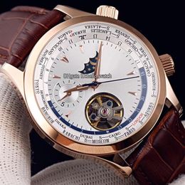 Nieuwe 42 mm Master Control World Geographic Q1522420 witte wijzerplaat automatisch herenhorloge maanfase Tourbillon rosé gouden kast lederen Str324J