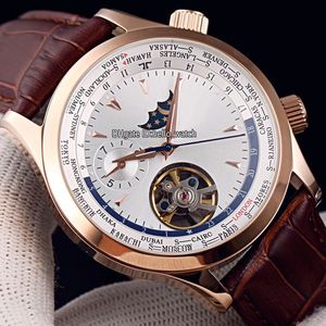 Nieuwe 42 mm Master Control World Geographic Q1522420 witte wijzerplaat automatisch herenhorloge maanfase Tourbillon rosé gouden kast lederen Str2517