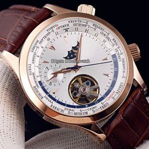 Nieuwe 42 mm Master Control World Geographic Q1522420 witte wijzerplaat automatisch herenhorloge maanfase Tourbillon rosé gouden kast lederen Str286K