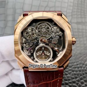 NIEUW 42 mm Octo Finissimo Tourbillon 102719 Rose Gold Skeleton Dial Automatic Mens Watch Black Leather Riem Sports Hoogwaardig 150J