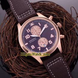 Nieuwe 43mm Limited Edition Chronograaf Brown Dial IW387805 Miyota Quartz Mens Watch Stopwatch Rose Gold Case Lederen Band Horloges Watch_Zone