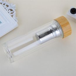 Gobelet à eau avec couvercle en bambou de 450ml, gobelet à thé en verre à Double paroi avec passoire et panier infuseur, bouteilles d'eau en verre 283v