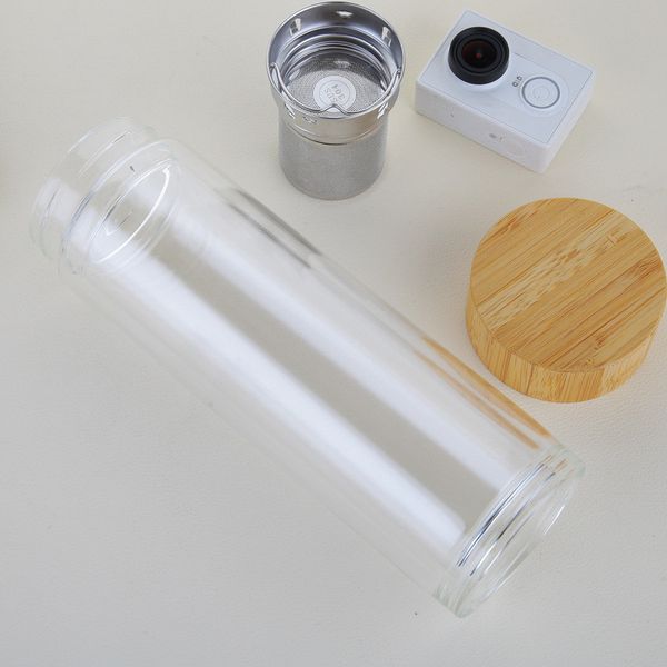 Gobelet à eau avec couvercle en bambou de 450ml, gobelet à thé en verre à Double paroi avec passoire et panier infuseur, bouteilles d'eau en verre 306F