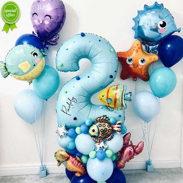 Globos de animales bajo el mar del mundo del océano de 45 Uds., Globos de aluminio con números azules, decoración de fiesta de cumpleaños para niños, Globos de helio para Baby Shower