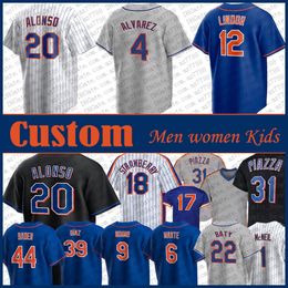 Francisco Lindor Pete Alonso Custom Ny Mets honkbalshirt Brandon Nimmo Francisco Alvarez Brett Baty Starling Marte Harrison Bader Darryl Strawberry Mike Piazza