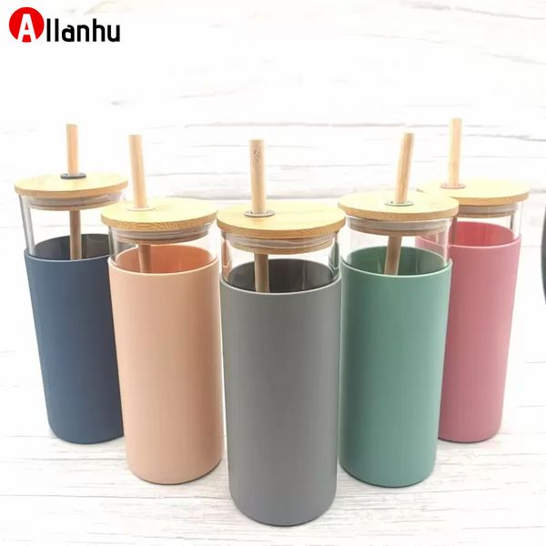 ¡NUEVO! 480 ml 16 oz Taza de vidrio Taza de jugo Tazas de leche con funda de silicona Tapa de bambú y pajita Respetuoso con el medio ambiente Novedad Vaso Botella de vino Oficina Coche Panda Drinkware