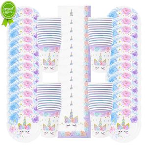 Nouveau 48 pièces/ensemble licorne vaisselle jetable assiette en papier serviette tasse licorne fille fête d'anniversaire décorations enfants cadeaux bébé douche