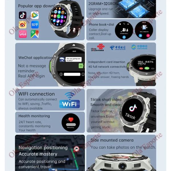 NOUVEAU 4G AMOLED SMARTWATCH SIM CARD GPS WIFI NFC Télécharger l'application Dual Camera Video Calle Care Care Trate Monitoring Google Play Men Women