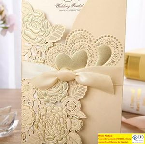 Nuevo 4 Unids / set Tarjeta de Invitación de Boda de Corte Láser de Oro Rose Love Heart Tarjetas de Felicitación Personalizar Sobres Con Cinta Suministros para Fiestas y Eventos