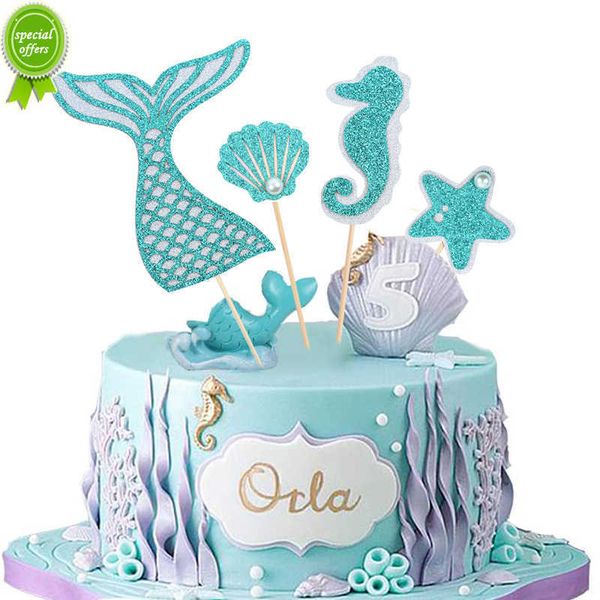 Nouveau 4 pièces/ensemble sirène queue étoile de mer décoration de gâteau drapeau enfants fête d'anniversaire décorations Cupcake Topper mariage bébé douche fournitures
