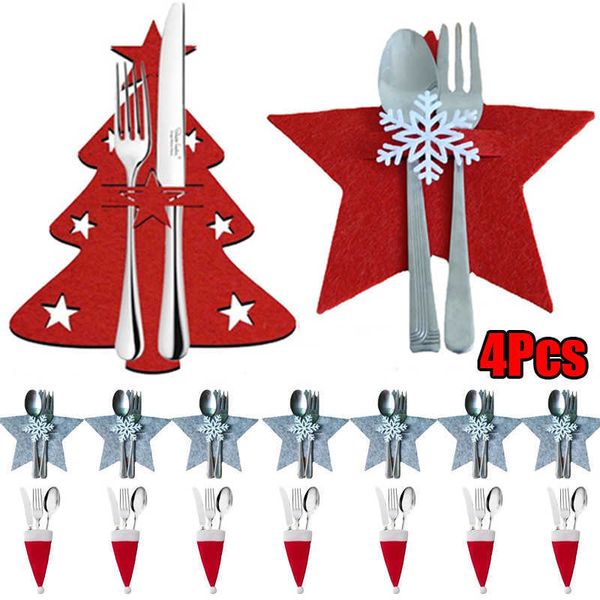 Nouveau 4 Pcs Noël Couverts Sacs Poche Arbre De Noël Étoiles Flocon De Neige Fourchette Couteau Cuillère Titulaire Sacs Pour Cuisine Vaisselle Organisateur Décors