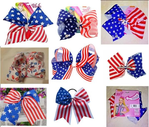 NOUVEAU 4 JUILLET 7 pouces jojo swia nœud de cheveux drapeau américain Cheer Bow (étoiles et rayures) avec puce/bande élastique pour fille accessoires de cheveux BJ