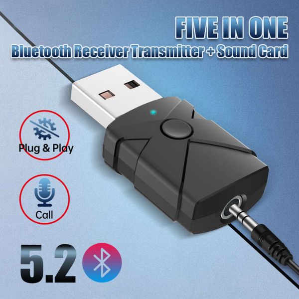 Nouveau Transmetteur USB 5.2 5 en 1, carte son pour ordinateur, récepteur de voiture 3.5, clé Bluetooth