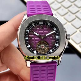 Nuevo 5067A-022 Púrpura Textura Dial Tourbillon Reloj automático para mujer Caja de acero 316L Correa de caucho púrpura Deporte de moda PPHW Lady Wa2679