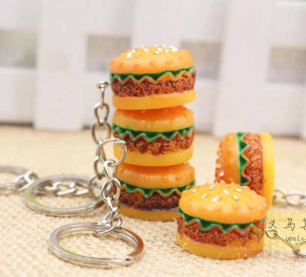 Nouveau 50pcs personnalisé résine simulation alimentaire mini hamburger porte-clés chaîne accessoires téléphone portable pendentif
