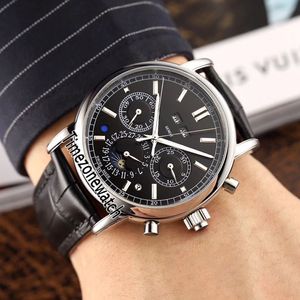 Nuevo 5204P-011 Reloj automático para hombre Fase lunar Caja de acero súper complicada Esfera negra Calendario perpetuo Relojes Reloj de zona horaria de cuero E28a1