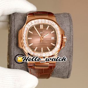 NIEUWE 5711 / 1R-001 Brown Texture Dial Cal.324 SC Automatic Mens Horloge Rose Gold Case Big Diamond Bezel Bruin Lederen Sport Horloges Hallo_Watch