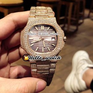 Nieuwe 5711 5711 1A bruine textuur wijzerplaat Miyota automatisch herenhorloge rosé goud volledig Iced Out diamanten armband sporthorloges HWPP Hello231E