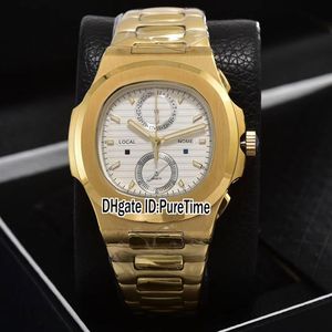 Nouveau 5990 Or jaune Texture blanche Cadran Miyota Quartz Chronographe Montre pour homme Montres de sport Chronomètre en acier inoxydable de haute qualité232r