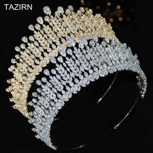 Nieuwe 5A CZ Tiaras Tall Cubic Zirconia Bride Bridal Crowns Fashion Luxe Hoofdtooi Prom Bruiloft Kristal Haaraccessoires X0625
