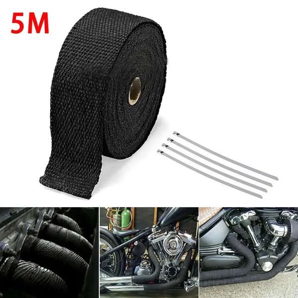 Nuevo rollo de 5M de fibra de vidrio protector térmico tubo de escape de motocicleta cinta de envoltura térmica protección térmica + Kit de 4 bridas aislamiento de tubo de escape