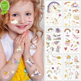 Nieuwe 5 Stks/partij Goud Bronzing Eenhoorn Tijdelijke Tattoo Sticker Body Tattoo Voor Kinderen Gezicht Art Make Eenhoorn Birhtday Party Stickers