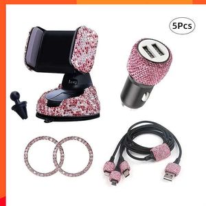 Nouveaux accessoires pour femmes 5PCS SET BLING DIAMANT CAR Téléphone Téléphone Chargeur Auto Câble de charge 3-en-1