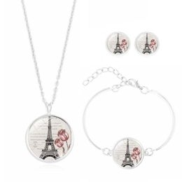Nouveau 5SetVintage ensemble de bijoux avec cabochon en verre plaqué argent en forme de tour Eiffel collier ras du cou boucle d'oreille bracelet ensemble pour Chi3557384