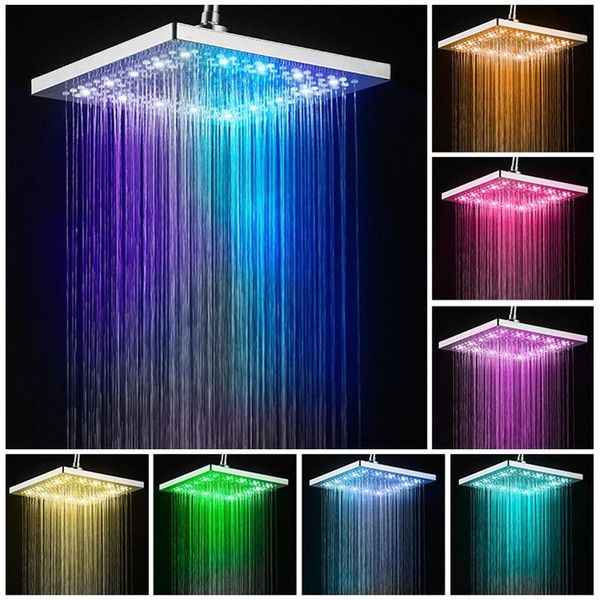 Nuevo cabezal de ducha de lluvia de acero inoxidable LED de 6 pulgadas, cabezal de ducha de lluvia de alta presión, cabezal de ducha decolorante colorido cuadrado B2947