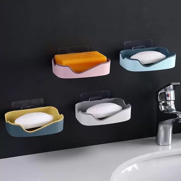 Boîte à savon en plastique Portable 6 carrés, Drainage de salle de bains antidérapant ménage Double couche étagère sans poinçon couvercle de protection de savon