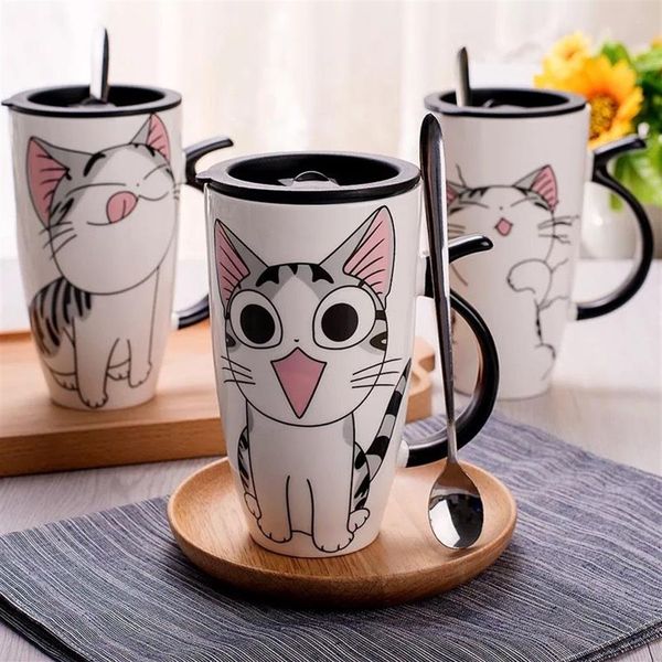 Nueva Taza de cerámica de gato creativa de 600 ml con tapa y cuchara taza para té y café con leche de dibujos animados tazas de porcelana bonitos regalos 2935