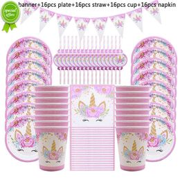 Nieuwe 65Pcs Eenhoorn Feestartikelen Kids Verjaardag Decoratie Wegwerp Servies Set Papieren Borden Cup Banner Baby Shower Meisje decor