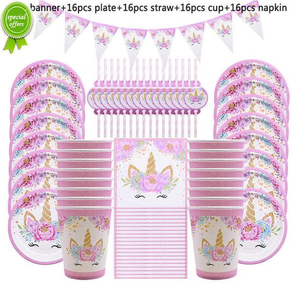 Nuevos 65 uds suministros de fiesta de unicornio decoración de cumpleaños para niños juego de vajilla desechable platos y vasos de papel Banner Baby Shower Girl Decor