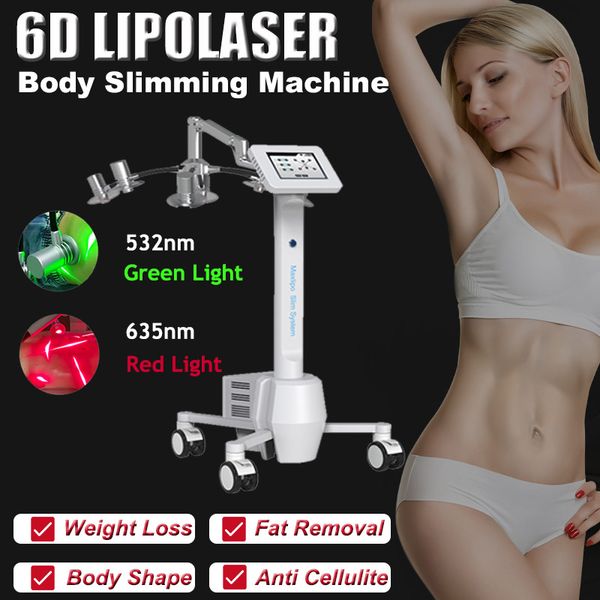 Nuevo 6D Laser Lipo Máquina para adelgazar Reducción de peso Quemador de grasa Eliminación de celulitis 532nm 635nm Rojo Verde Luz láser Equipo de belleza portátil Salón Uso en el hogar