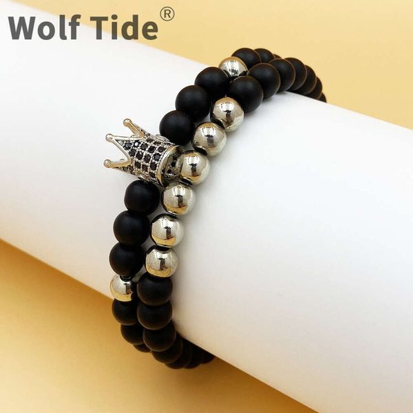 Nouveau Bracelet de perles de roche volcanique pour hommes noirs de 6mm Bracelets de perles de cuivre givré avec couronne incrustée de Zircon Bracelets de Couple pour les amoureux femmes bijoux à breloques en gros