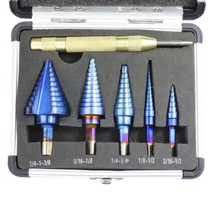 Nieuwe 6 stks HSS NANO Blauw Coated Step Boor Outfit Bit With Center Punch Set Hole Cutter Boren Tool Inch Straight Groove Step Steel Boor
