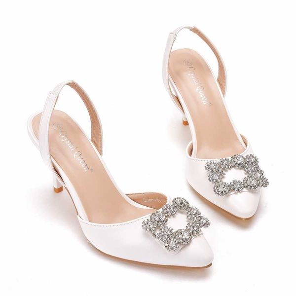 Nuevo 7 cm Sandalia de verano Boca baja Sandalias blancas puntiagudas Tacón Mujer Rhinestone Hebilla cuadrada Zapatos de boda Zapatos de vestir nupciales 240228