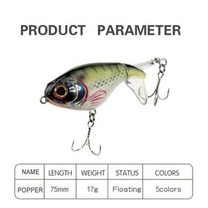 Nuevo 75 mm 17g Popper Fishing Lure Flotante Cebo artificial Top Top Wobbler Ojos 3D Minnow Bass Pike Pesca Tackle