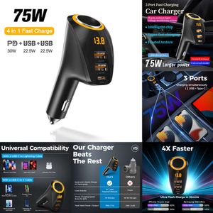 NOUVEAU 75W 3 ports USB Car Chargeur Cigarette Adaptateur Light PD QC3.0 Super Fast Charge avec affichage numérique pour iPhone Huawei Xiaomi