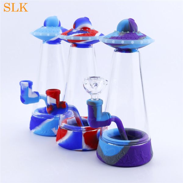 Nuevo 8.9 '' UFO Glass Bubbler Tubos de agua Shisha Hookah Fumar Tabaco Bongs de vidrio Dabs Rig Tubos de silicona para fumar Paquete individual