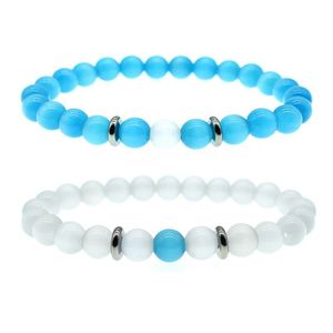 Nieuwe 8 MM Blauw Wit Opaal kralen kettingen Armband Voor Vrouwen Mannen Paar Healing crystal natuursteen Strengen kralen bangle Mode-sieraden