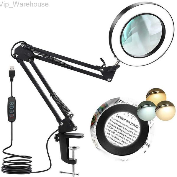 Nouveau 8x loupe bras oscillant lampe de table à pince flexible loupe éclairée à intensité variable LED lampe de bureau 3 modes de couleur lampe HKD230824